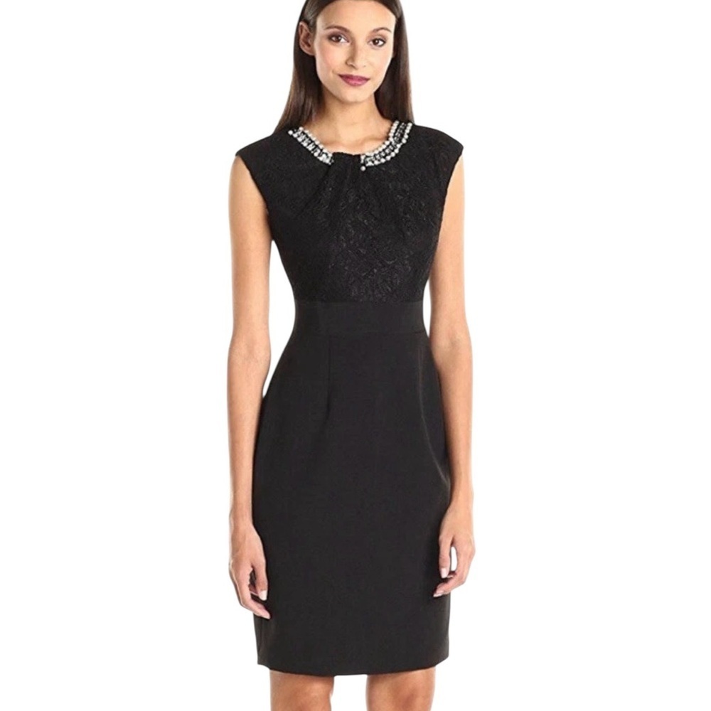 London Times Embellished Neck Lace Sheath Dress Elegant Black Sleeveless Size 12 - Picture 7 of 8